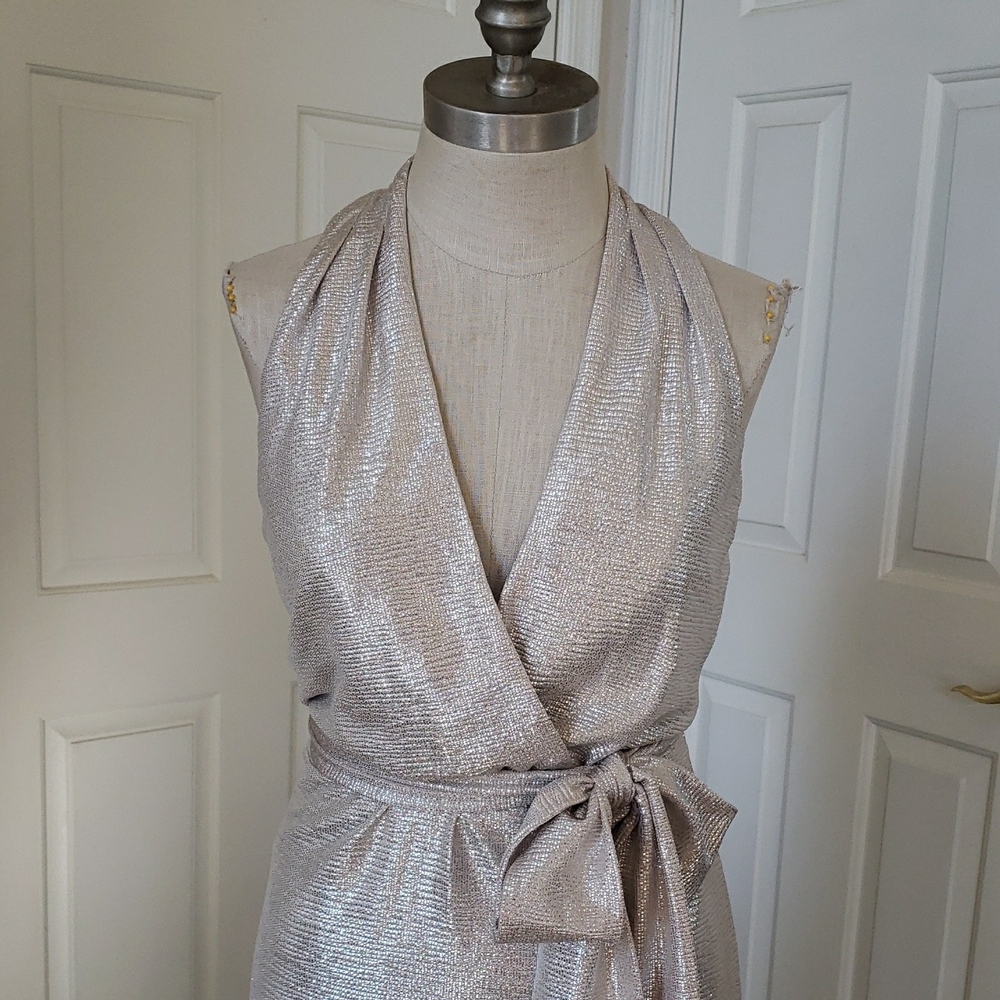 Lauren Ralph Lauren Silver Metallic Wrap Dress | Sleeveless Evening Gown SIZE 2 - Picture 6 of 16